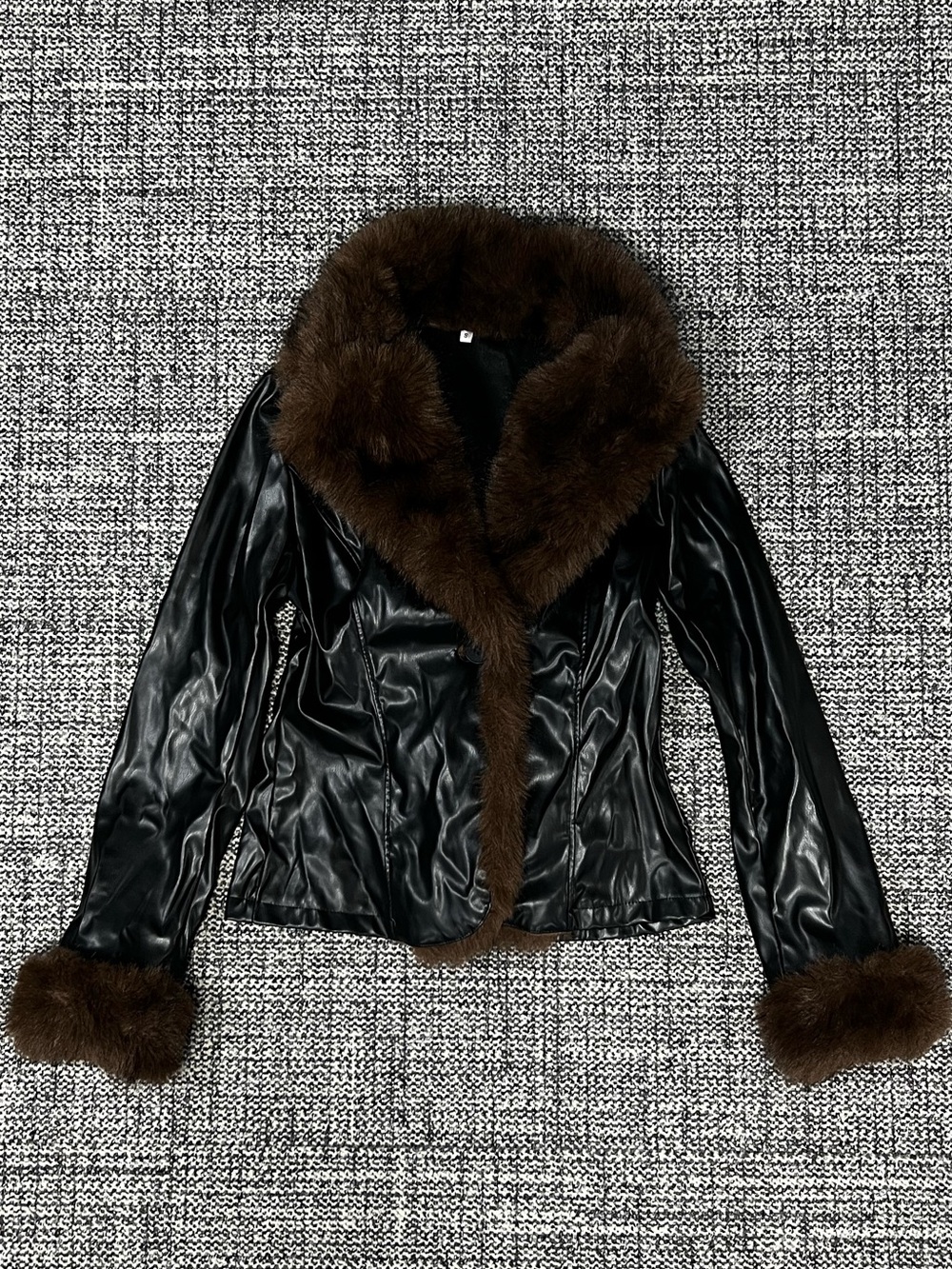 Black Leather Trench Coat with Brown Fur Trim